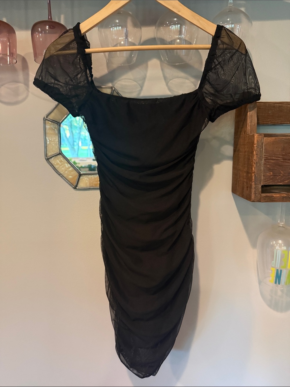 Princess Polly Black Ruched Mini Dress with Sheer Puff Sleeves
